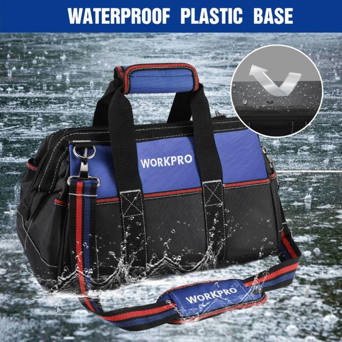 16-Zoll-Werkzeugtasche mit breiter Öffnung, strapazierfähige Werkzeugaufbewahrungstasche aus Stoff mit wasserfestem, geformtem Boden und verstellbarem Schultergurt WORKPRO V02J24 hilfreich Lagerung