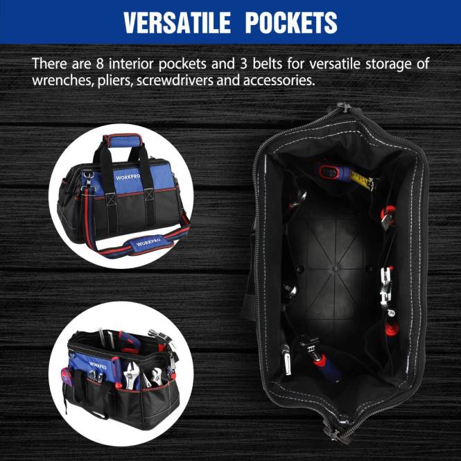 16-Zoll-Werkzeugtasche mit breiter Öffnung, strapazierfähige Werkzeugaufbewahrungstasche aus Stoff mit wasserfestem, geformtem Boden und verstellbarem Schultergurt WORKPRO V02J24 hilfreich Lagerung
