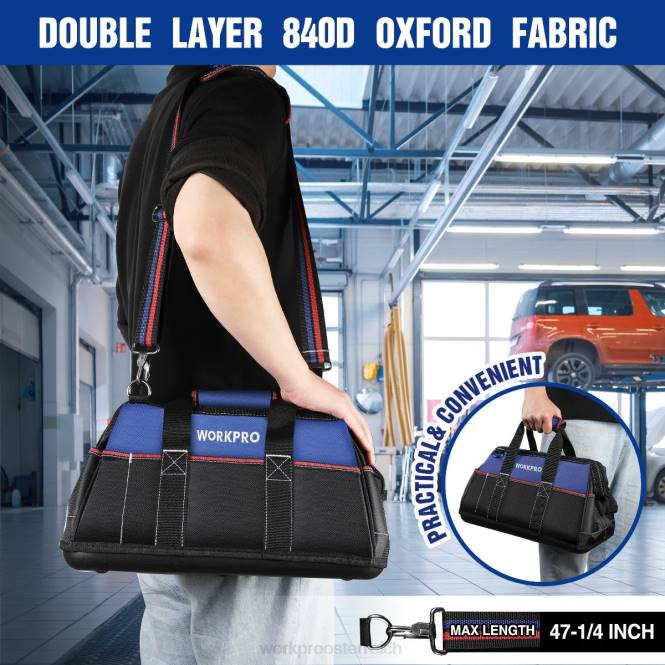 16-Zoll-Werkzeugtasche mit breiter Öffnung, strapazierfähige Werkzeugaufbewahrungstasche aus Stoff mit wasserfestem, geformtem Boden und verstellbarem Schultergurt WORKPRO V02J24 hilfreich Lagerung