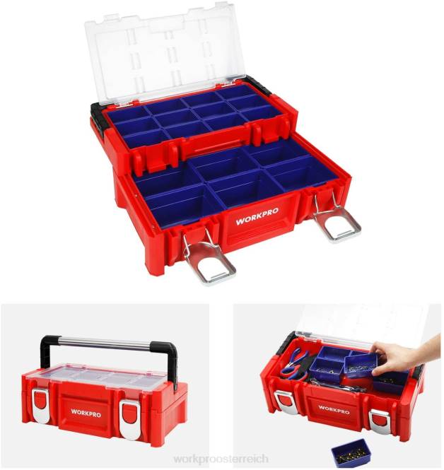 17-Zoll-Werkzeugkasten aus Kunststoff, Aufbewahrungsbox mit verschließbarem Deckel und Edelstahlgriff WORKPRO V02J25 Rot Lagerung
