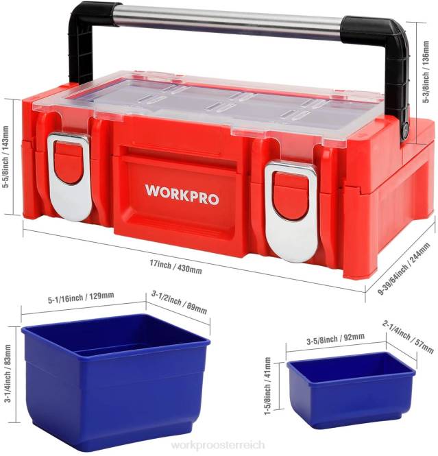 17-Zoll-Werkzeugkasten aus Kunststoff, Aufbewahrungsbox mit verschließbarem Deckel und Edelstahlgriff WORKPRO V02J25 Rot Lagerung