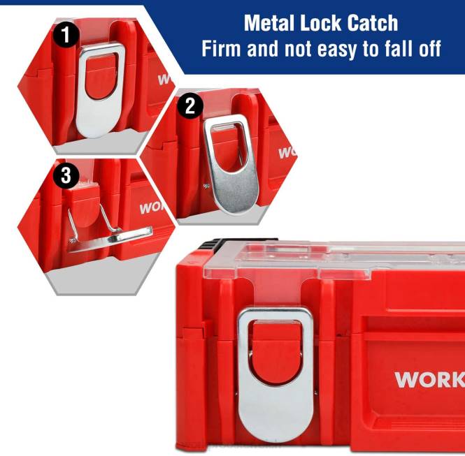 17-Zoll-Werkzeugkasten aus Kunststoff, Aufbewahrungsbox mit verschließbarem Deckel und Edelstahlgriff WORKPRO V02J25 Rot Lagerung