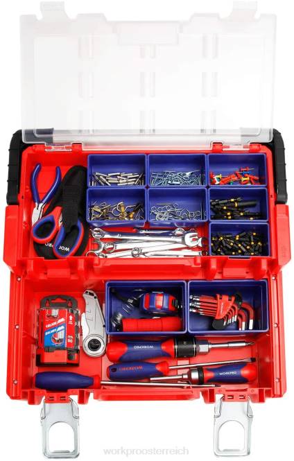 17-Zoll-Werkzeugkasten aus Kunststoff, Aufbewahrungsbox mit verschließbarem Deckel und Edelstahlgriff WORKPRO V02J25 Rot Lagerung