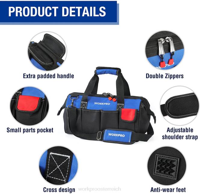 18-Zoll-Werkzeugtasche mit geschlossener Oberseite und breiter Öffnung und verstellbarem Schultergurt WORKPRO V02J27 nützlich Lagerung