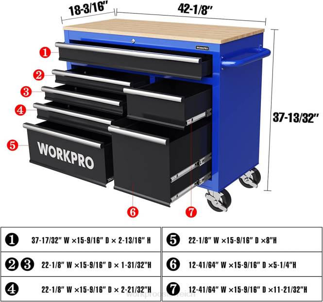 42-Zoll-Werkzeugtruhe mit 7 Schubladen und Holzplatte, ausgestattet mit Rollen, Griff, Schubladeneinlage und Verriegelungssystem, Tragfähigkeit 1000 Pfund WORKPRO V02J26 neu Lagerung