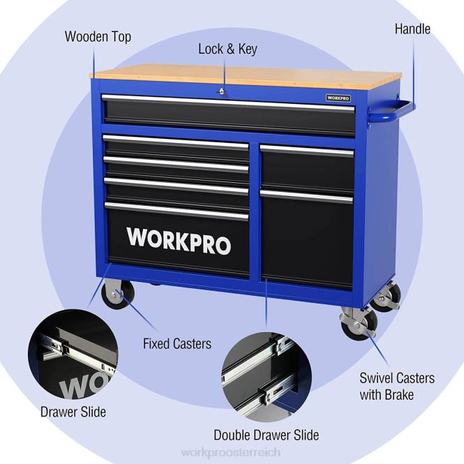 42-Zoll-Werkzeugtruhe mit 7 Schubladen und Holzplatte, ausgestattet mit Rollen, Griff, Schubladeneinlage und Verriegelungssystem, Tragfähigkeit 1000 Pfund WORKPRO V02J26 neu Lagerung