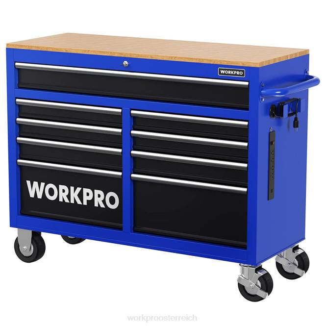 46-Zoll-Werkzeugtruhe mit 9 Schubladen und Holzplatte, ausgestattet mit Rollen, Griff, Schubladeneinlage und Verriegelungssystem, Tragfähigkeit 1200 Pfund WORKPRO V02J15 morden Lagerung