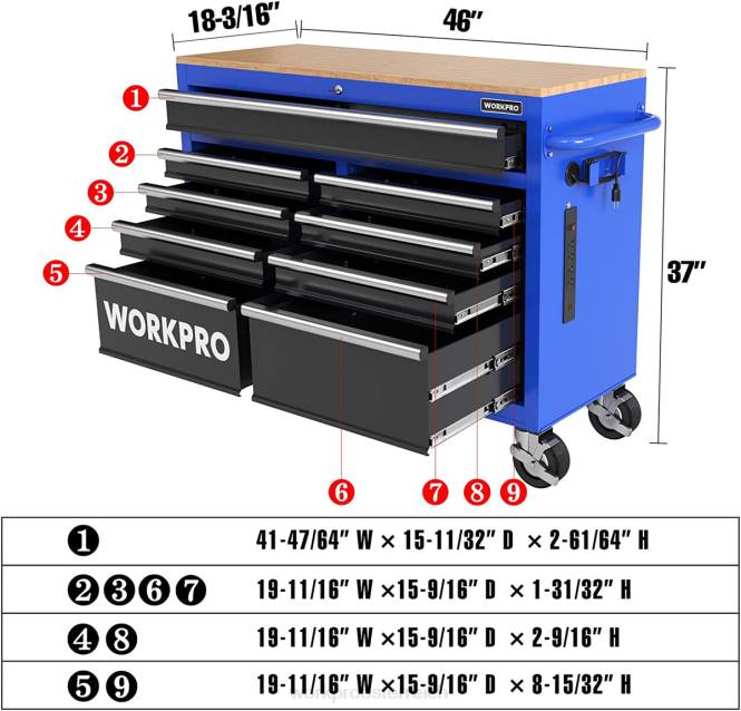 46-Zoll-Werkzeugtruhe mit 9 Schubladen und Holzplatte, ausgestattet mit Rollen, Griff, Schubladeneinlage und Verriegelungssystem, Tragfähigkeit 1200 Pfund WORKPRO V02J15 morden Lagerung