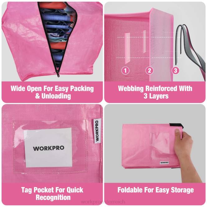 6er-Pack extra große, robuste Transporttaschen mit Reißverschlüssen und Tragegriffen, Rucksackgurten WORKPRO V02J142 Pink Blau Lagerung