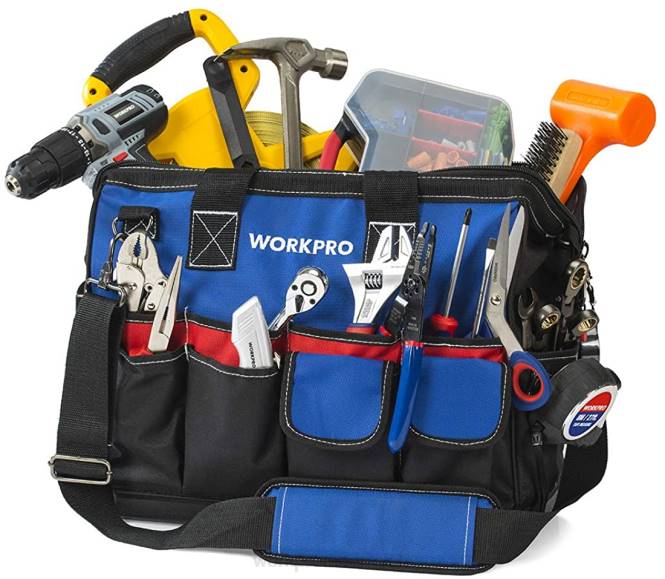 Werkzeugtasche, oben geschlossen, breites Staufach mit wasserdichtem Boden und verstellbaren Schultergurten WORKPRO V02J30 morden Lagerung