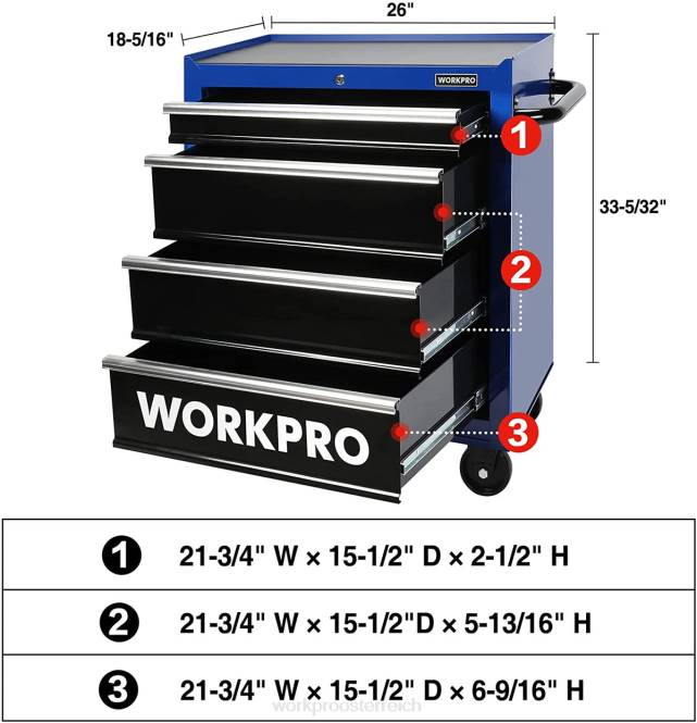 Werkzeugtruhe mit 4 Schubladen, rollender 26-Zoll-Werkzeugschrank aus Metall mit Rollen, Verriegelungssystem, Schubladeneinsatz, 450 Pfund Tragkraft WORKPRO V02J17 morden Lagerung