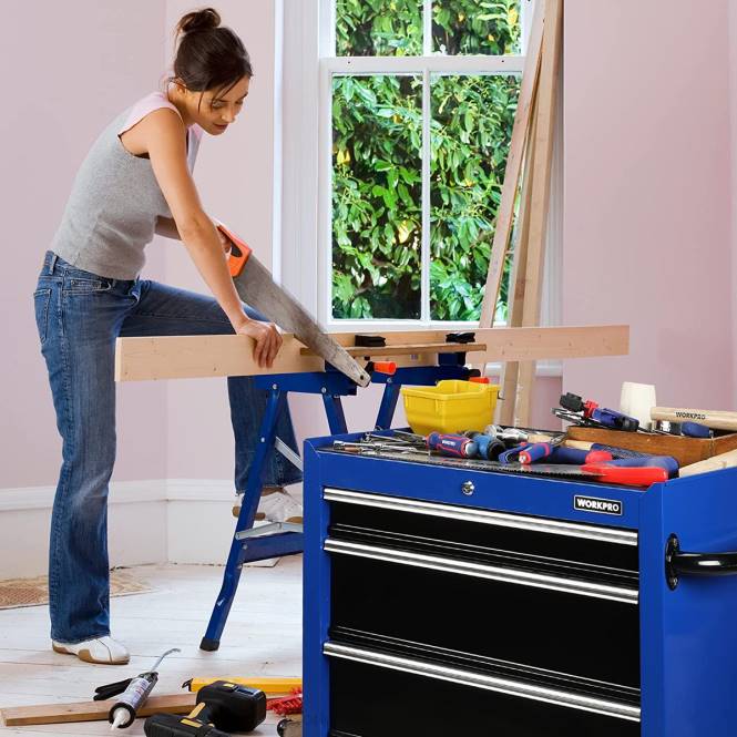 Werkzeugtruhe mit 4 Schubladen, rollender 26-Zoll-Werkzeugschrank aus Metall mit Rollen, Verriegelungssystem, Schubladeneinsatz, 450 Pfund Tragkraft WORKPRO V02J17 morden Lagerung